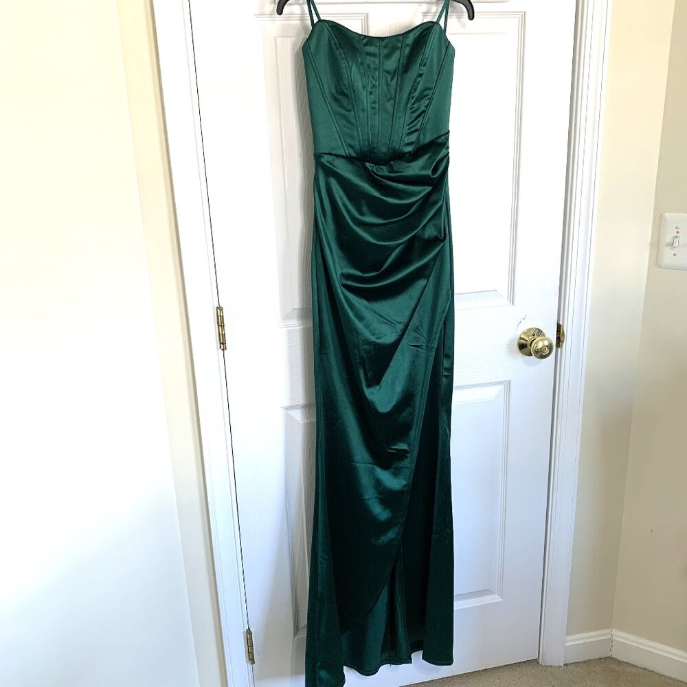 NWT Emerald Sundae Satin Evening Gown Dress Dark Green Women Size S Prom Wedding